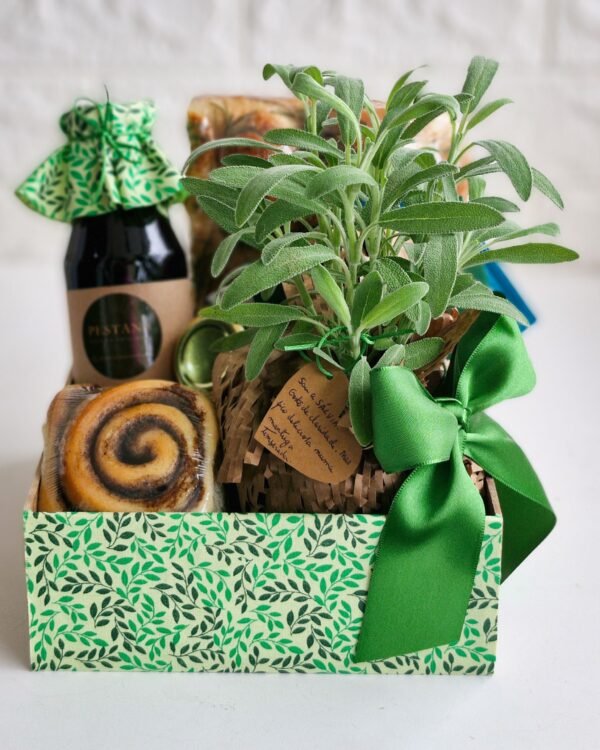 Inicio 9 Cesta de café da manhã Alecrim em caixa rústica com estampa de folhas verdes e elegante laço de cetim verde. Destaque para um vaso de sálvia fresca com tag de papel kraft manuscrita, ao lado de uma focaccia de fermentação longa, rolinho de canela doce e bebida com tampa de tecido. Opção de presente afetivo e botânico em São Gonçalo.