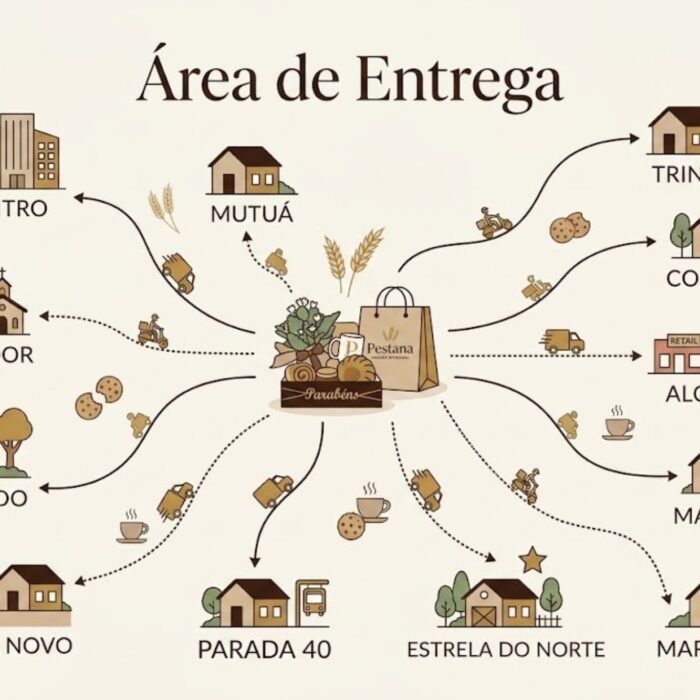 Inicio 12 Mapa ilustrado da área de entrega da Cesta de Café da Manhã em São Gonçalo, mostrando bairros atendidos como Centro, Mutuá, Trindade e Colubandê.