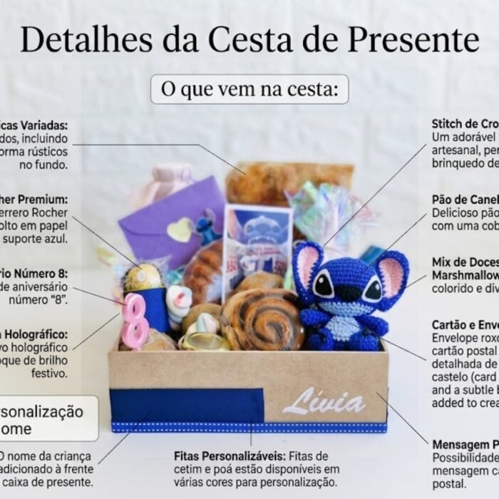 Inicio 11 Infográfico mostrando exatamente O Que Vem na Cesta de Café da Manhã da Pestana. A imagem usa setas descritivas para mostrar pães artesanais, rolinho de canela, pelúcia azul em crochê, doces, vela de aniversário e um cartão, organizados em uma caixa kraft personalizada com fita azul.