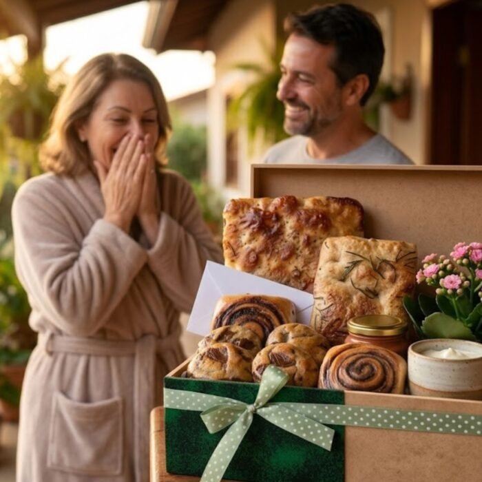 Inicio 13 Cesta de café da manhã artesanal em foco com laço verde, repleta de Pães Artesanais de Fermentação Natural, cookies, geleia e rolinhos de canela. Ao fundo desfocado, uma mulher sorri emocionada ao lado do parceiro na varanda de casa.