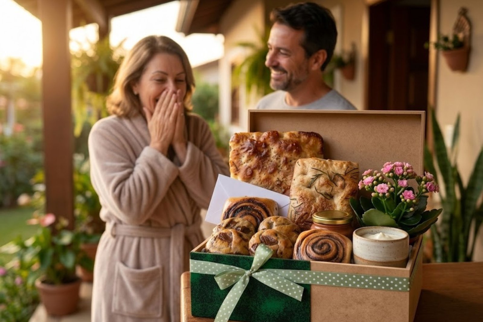 Cesta de café da manhã artesanal em foco com laço verde, repleta de Pães Artesanais de Fermentação Natural, cookies, geleia e rolinhos de canela. Ao fundo desfocado, uma mulher sorri emocionada ao lado do parceiro na varanda de casa.